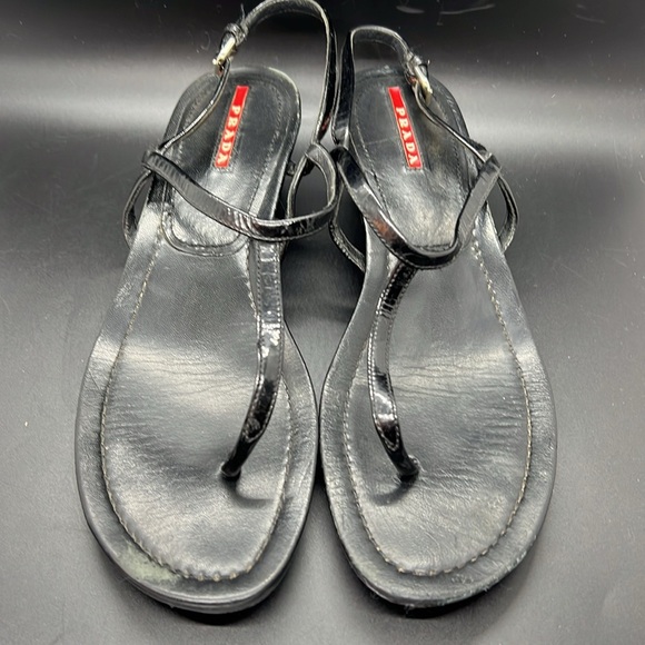 Prada Sport Black Patent Leather T-Strap Sandals size 8.5 - Picture 2 of 16